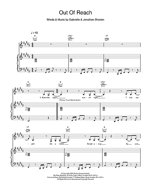 Preview Gabrielle Out Of Reach R & B sheet music, notes and chords for Piano, Vocal & Guitar, SKU: 18971 sheet music, piano notes, chords, guitar tabs, score, transpose, transcribe, how to play, guide, download, learn, tutorial, progression, song, artist, awards, billboard, mtv, vh1, tour, single, album, release