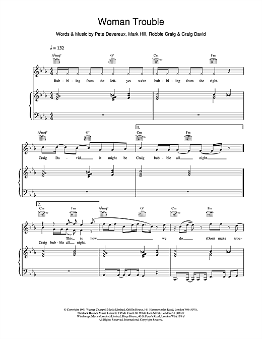 Preview Craig David Woman Trouble R & B sheet music, notes and chords for Piano, Vocal & Guitar, SKU: 18974 sheet music, piano notes, chords, guitar tabs, score, transpose, transcribe, how to play, guide, download, learn, tutorial, progression, song, artist, awards, billboard, mtv, vh1, tour, single, album, release