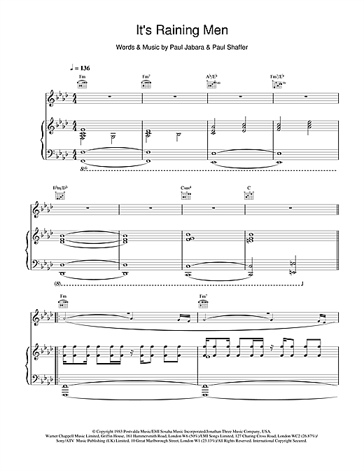 Preview Geri Halliwell It's Raining Men Pop sheet music, notes and chords for Piano, Vocal & Guitar, SKU: 18979 sheet music, piano notes, chords, guitar tabs, score, transpose, transcribe, how to play, guide, download, learn, tutorial, progression, song, artist, awards, billboard, mtv, vh1, tour, single, album, release