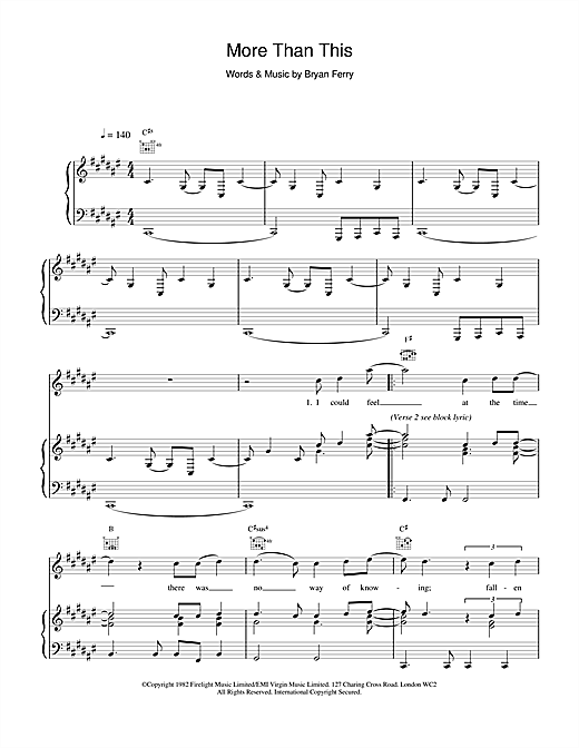 Preview Roxy Music More Than This Rock sheet music, notes and chords for Piano, Vocal & Guitar (Right-Hand Melody), SKU: 18989 sheet music, piano notes, chords, guitar tabs, score, transpose, transcribe, how to play, guide, download, learn, tutorial, progression, song, artist, awards, billboard, mtv, vh1, tour, single, album, release