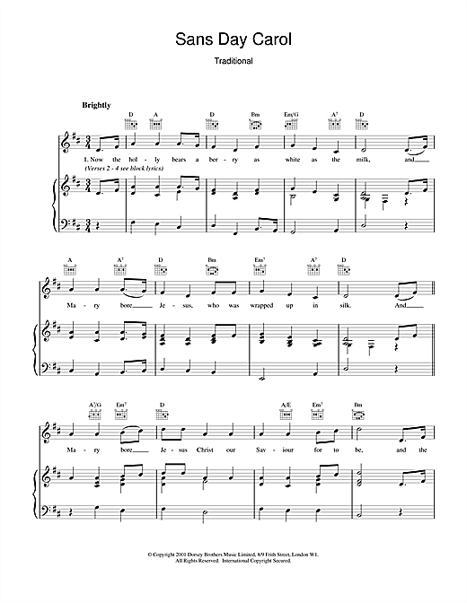 Preview Christmas Carol Sans Day Carol Christmas sheet music, notes and chords for Piano, Vocal & Guitar (Right-Hand Melody), SKU: 18992 sheet music, piano notes, chords, guitar tabs, score, transpose, transcribe, how to play, guide, download, learn, tutorial, progression, song, artist, awards, billboard, mtv, vh1, tour, single, album, release