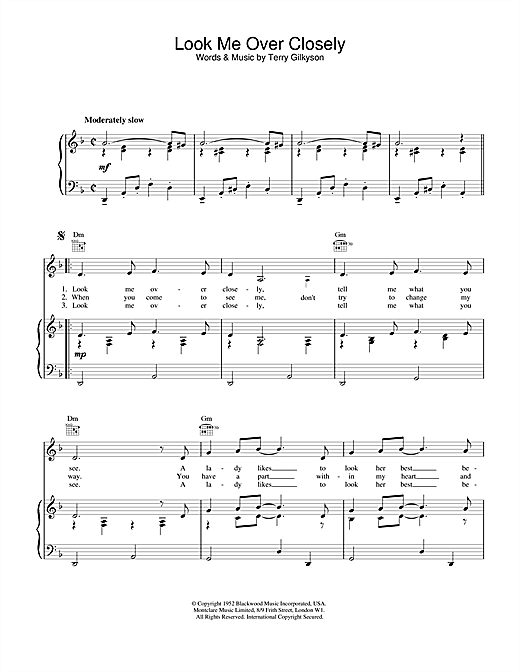 Preview Marlene Dietrich Look Me Over Closely Musicals sheet music, notes and chords for Piano, Vocal & Guitar (Right-Hand Melody), SKU: 19002 sheet music, piano notes, chords, guitar tabs, score, transpose, transcribe, how to play, guide, download, learn, tutorial, progression, song, artist, awards, billboard, mtv, vh1, tour, single, album, release