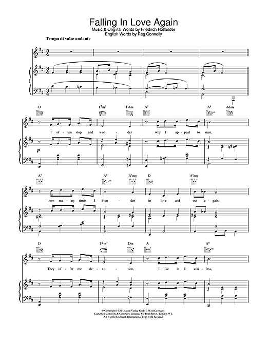 Preview Marlene Dietrich Falling In Love Again Musicals sheet music, notes and chords for Piano, Vocal & Guitar (Right-Hand Melody), SKU: 19003 sheet music, piano notes, chords, guitar tabs, score, transpose, transcribe, how to play, guide, download, learn, tutorial, progression, song, artist, awards, billboard, mtv, vh1, tour, single, album, release