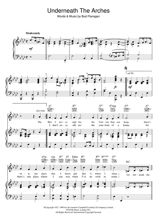 Preview Bud Flanagan Underneath The Arches Musicals sheet music, notes and chords for Piano, Vocal & Guitar (Right-Hand Melody), SKU: 19004 sheet music, piano notes, chords, guitar tabs, score, transpose, transcribe, how to play, guide, download, learn, tutorial, progression, song, artist, awards, billboard, mtv, vh1, tour, single, album, release