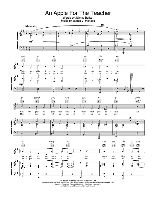 Preview Johnny Burke and James V. Monaco An Apple For The Teacher Musicals sheet music, notes and chords for Piano, Vocal & Guitar (Right-Hand Melody), SKU: 19005 sheet music, piano notes, chords, guitar tabs, score, transpose, transcribe, how to play, guide, download, learn, tutorial, progression, song, artist, awards, billboard, mtv, vh1, tour, single, album, release