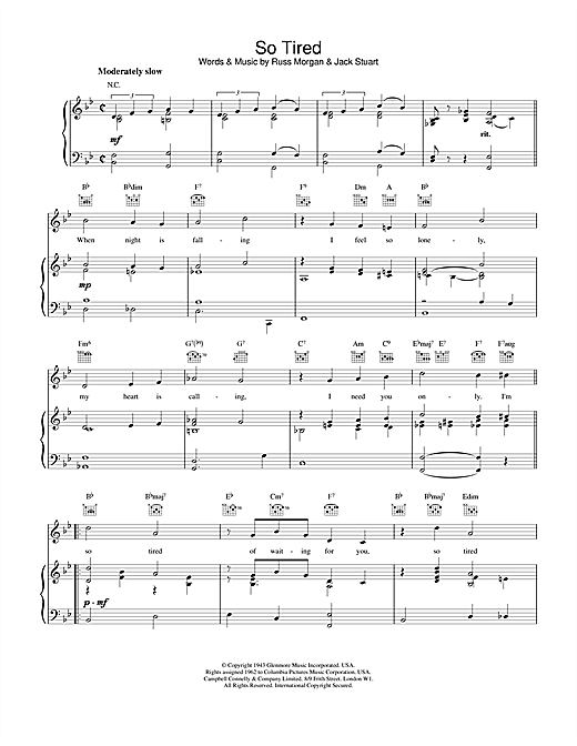 Preview Russ Morgan & Jack Stuart So Tired Musicals sheet music, notes and chords for Piano, Vocal & Guitar (Right-Hand Melody), SKU: 19012 sheet music, piano notes, chords, guitar tabs, score, transpose, transcribe, how to play, guide, download, learn, tutorial, progression, song, artist, awards, billboard, mtv, vh1, tour, single, album, release