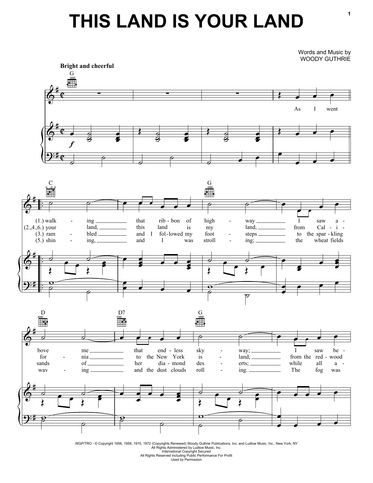 Preview Woody Guthrie This Land Is Your Land Country sheet music, notes and chords for Piano, Vocal & Guitar (Right-Hand Melody), SKU: 19015 sheet music, piano notes, chords, guitar tabs, score, transpose, transcribe, how to play, guide, download, learn, tutorial, progression, song, artist, awards, billboard, mtv, vh1, tour, single, album, release
