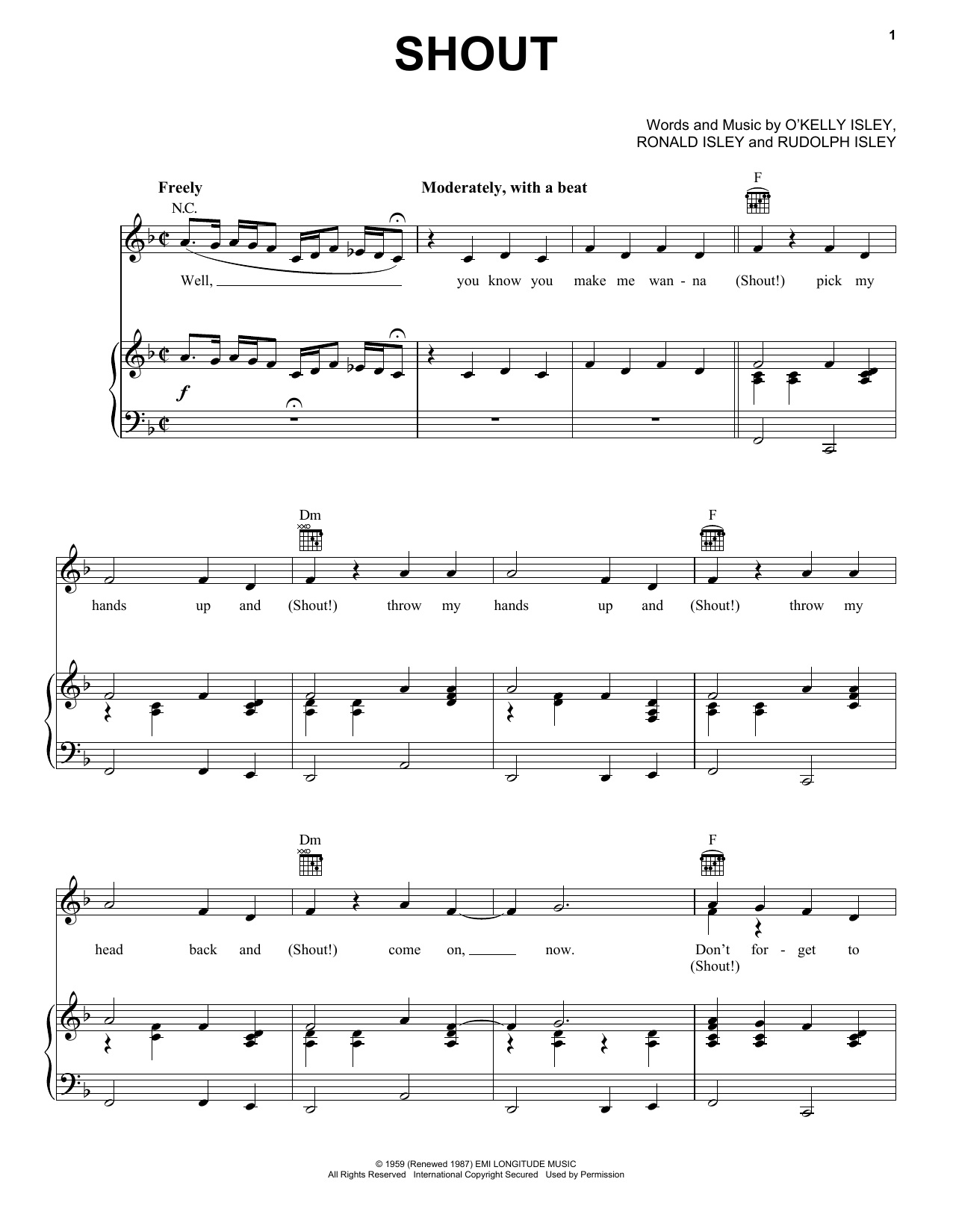 Preview The Isley Brothers Shout Pop sheet music, notes and chords for Piano, Vocal & Guitar (Right-Hand Melody), SKU: 19016 sheet music, piano notes, chords, guitar tabs, score, transpose, transcribe, how to play, guide, download, learn, tutorial, progression, song, artist, awards, billboard, mtv, vh1, tour, single, album, release