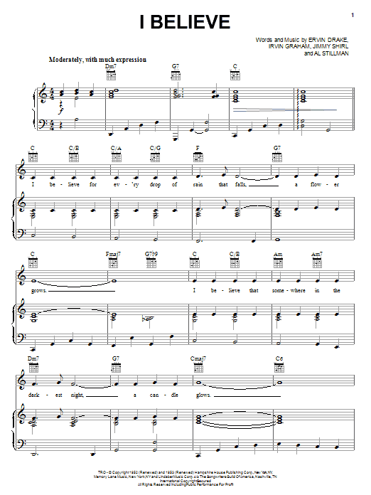 Preview Elvis Presley I Believe Religious sheet music, notes and chords for Piano, Vocal & Guitar (Right-Hand Melody), SKU: 19019 sheet music, piano notes, chords, guitar tabs, score, transpose, transcribe, how to play, guide, download, learn, tutorial, progression, song, artist, awards, billboard, mtv, vh1, tour, single, album, release