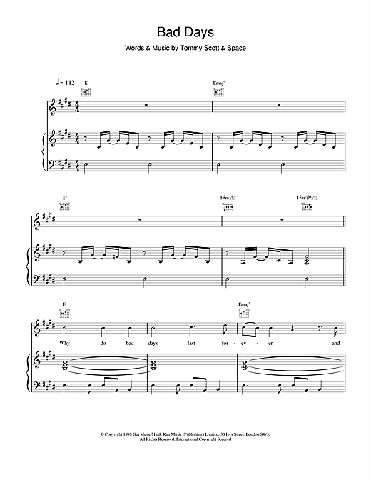 Preview Space Bad Days Rock sheet music, notes and chords for Piano, Vocal & Guitar, SKU: 19032 sheet music, piano notes, chords, guitar tabs, score, transpose, transcribe, how to play, guide, download, learn, tutorial, progression, song, artist, awards, billboard, mtv, vh1, tour, single, album, release