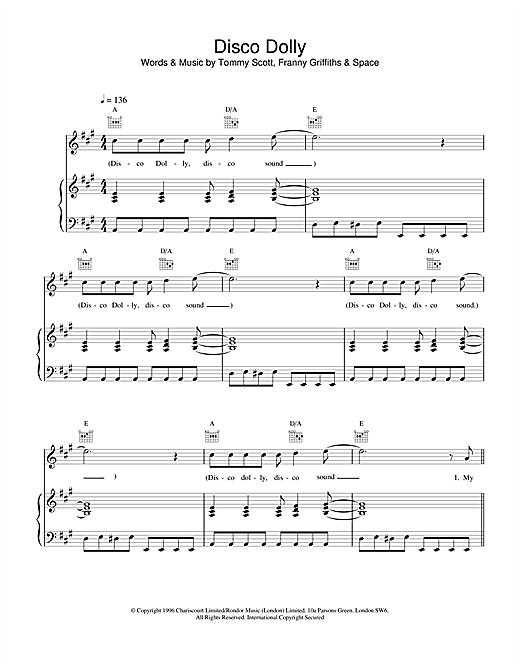 Preview Space Disco Dolly Rock sheet music, notes and chords for Piano, Vocal & Guitar, SKU: 19034 sheet music, piano notes, chords, guitar tabs, score, transpose, transcribe, how to play, guide, download, learn, tutorial, progression, song, artist, awards, billboard, mtv, vh1, tour, single, album, release