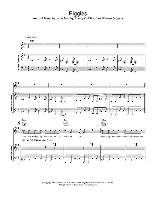 Preview Space Piggies Rock sheet music, notes and chords for Piano, Vocal & Guitar, SKU: 19037 sheet music, piano notes, chords, guitar tabs, score, transpose, transcribe, how to play, guide, download, learn, tutorial, progression, song, artist, awards, billboard, mtv, vh1, tour, single, album, release