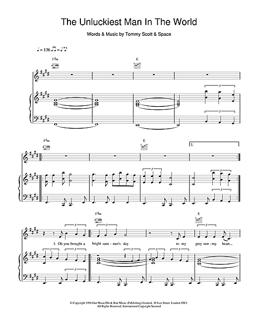 Preview Space The Unluckiest Man In The World Rock sheet music, notes and chords for Piano, Vocal & Guitar, SKU: 19039 sheet music, piano notes, chords, guitar tabs, score, transpose, transcribe, how to play, guide, download, learn, tutorial, progression, song, artist, awards, billboard, mtv, vh1, tour, single, album, release
