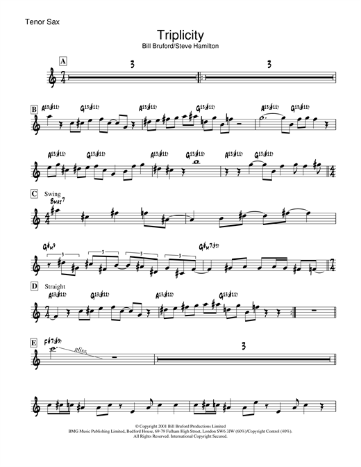 Preview Bill Bruford Triplicity Rock sheet music, notes and chords for Tenor Saxophone, SKU: 19041 sheet music, piano notes, chords, guitar tabs, score, transpose, transcribe, how to play, guide, download, learn, tutorial, progression, song, artist, awards, billboard, mtv, vh1, tour, single, album, release