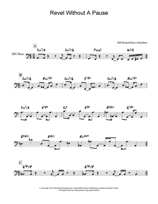 Preview Bill Bruford Revel Without A Pause Rock sheet music, notes and chords for Double Bass, SKU: 19043 sheet music, piano notes, chords, guitar tabs, score, transpose, transcribe, how to play, guide, download, learn, tutorial, progression, song, artist, awards, billboard, mtv, vh1, tour, single, album, release