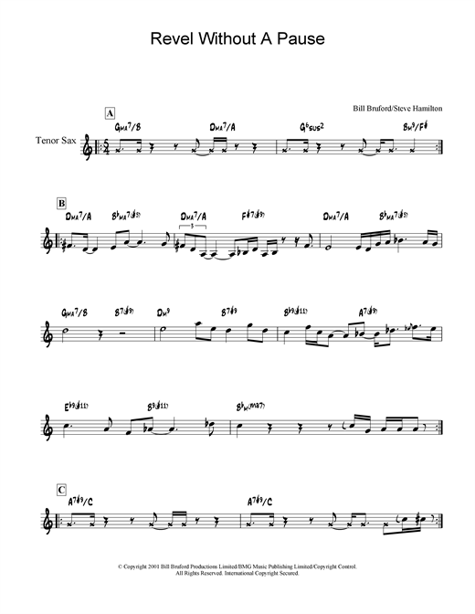 Preview Bill Bruford Revel Without A Pause Rock sheet music, notes and chords for Tenor Saxophone, SKU: 19044 sheet music, piano notes, chords, guitar tabs, score, transpose, transcribe, how to play, guide, download, learn, tutorial, progression, song, artist, awards, billboard, mtv, vh1, tour, single, album, release