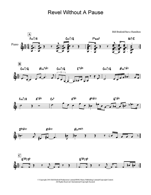 Preview Bill Bruford Revel Without A Pause Rock sheet music, notes and chords for Piano, SKU: 19045 sheet music, piano notes, chords, guitar tabs, score, transpose, transcribe, how to play, guide, download, learn, tutorial, progression, song, artist, awards, billboard, mtv, vh1, tour, single, album, release