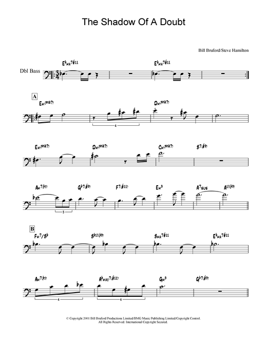 Preview Bill Bruford The Shadow Of A Doubt Rock sheet music, notes and chords for Double Bass, SKU: 19047 sheet music, piano notes, chords, guitar tabs, score, transpose, transcribe, how to play, guide, download, learn, tutorial, progression, song, artist, awards, billboard, mtv, vh1, tour, single, album, release
