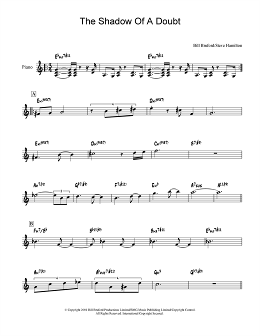 Preview Bill Bruford The Shadow Of A Doubt Rock sheet music, notes and chords for Piano, SKU: 19049 sheet music, piano notes, chords, guitar tabs, score, transpose, transcribe, how to play, guide, download, learn, tutorial, progression, song, artist, awards, billboard, mtv, vh1, tour, single, album, release