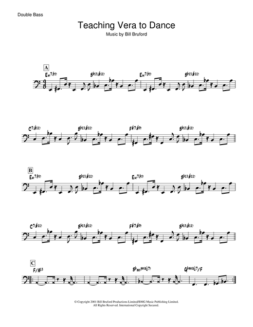 Preview Bill Bruford Teaching Vera To Dance Rock sheet music, notes and chords for Double Bass, SKU: 19051 sheet music, piano notes, chords, guitar tabs, score, transpose, transcribe, how to play, guide, download, learn, tutorial, progression, song, artist, awards, billboard, mtv, vh1, tour, single, album, release