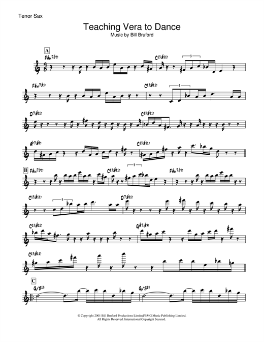 Preview Bill Bruford Teaching Vera To Dance Rock sheet music, notes and chords for Tenor Saxophone, SKU: 19052 sheet music, piano notes, chords, guitar tabs, score, transpose, transcribe, how to play, guide, download, learn, tutorial, progression, song, artist, awards, billboard, mtv, vh1, tour, single, album, release
