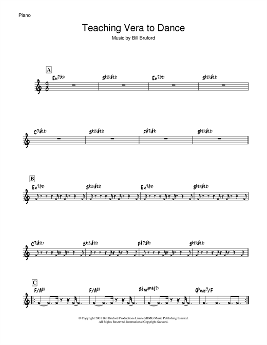 Preview Bill Bruford Teaching Vera To Dance Rock sheet music, notes and chords for Piano, SKU: 19053 sheet music, piano notes, chords, guitar tabs, score, transpose, transcribe, how to play, guide, download, learn, tutorial, progression, song, artist, awards, billboard, mtv, vh1, tour, single, album, release