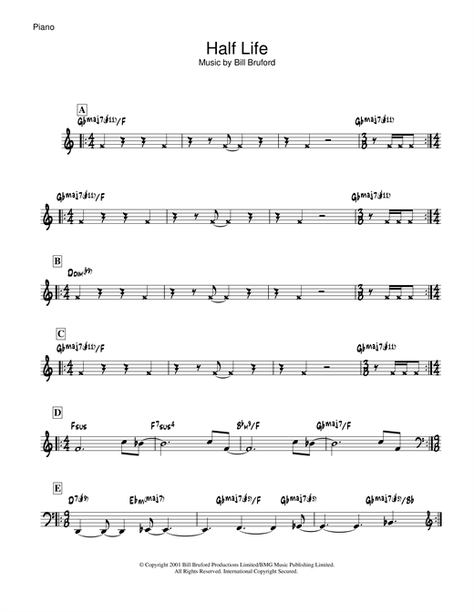 Preview Bill Bruford Half Life Rock sheet music, notes and chords for Piano, SKU: 19057 sheet music, piano notes, chords, guitar tabs, score, transpose, transcribe, how to play, guide, download, learn, tutorial, progression, song, artist, awards, billboard, mtv, vh1, tour, single, album, release