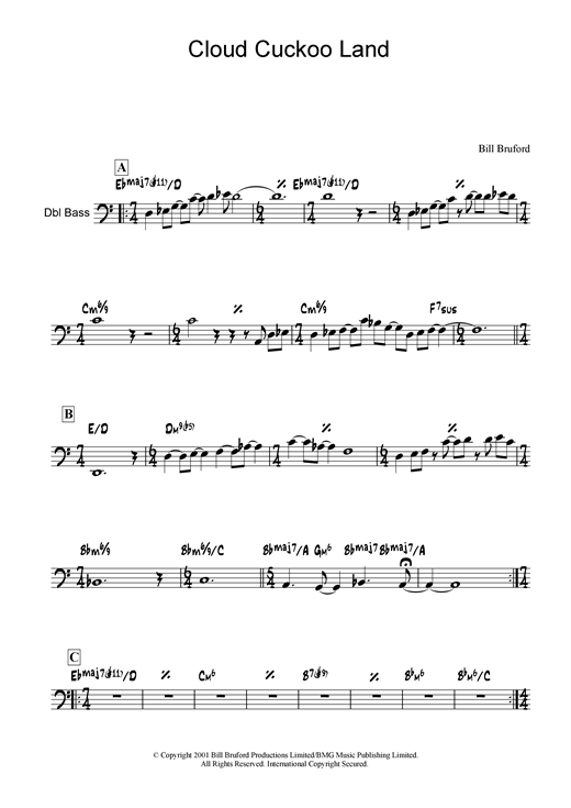 Preview Bill Bruford Cloud Cuckoo Land Rock sheet music, notes and chords for Double Bass, SKU: 19063 sheet music, piano notes, chords, guitar tabs, score, transpose, transcribe, how to play, guide, download, learn, tutorial, progression, song, artist, awards, billboard, mtv, vh1, tour, single, album, release