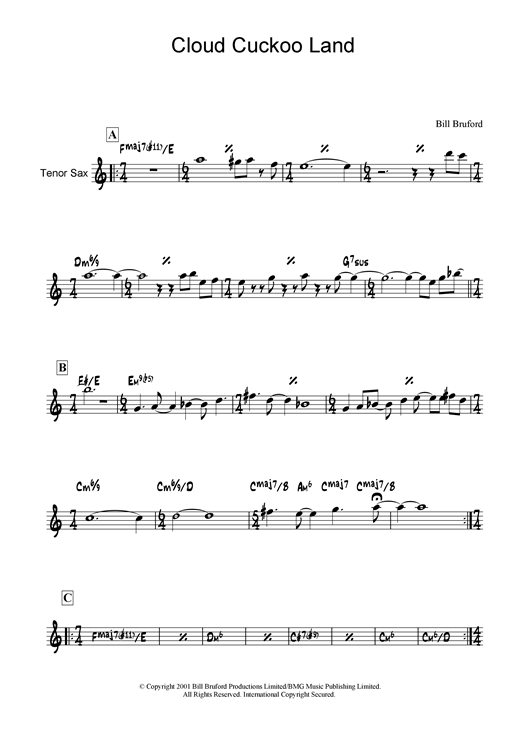 Preview Bill Bruford Cloud Cuckoo Land Rock sheet music, notes and chords for Tenor Saxophone, SKU: 19064 sheet music, piano notes, chords, guitar tabs, score, transpose, transcribe, how to play, guide, download, learn, tutorial, progression, song, artist, awards, billboard, mtv, vh1, tour, single, album, release