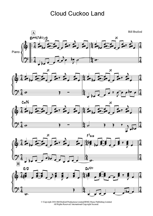 Preview Bill Bruford Cloud Cuckoo Land Rock sheet music, notes and chords for Piano, SKU: 19065 sheet music, piano notes, chords, guitar tabs, score, transpose, transcribe, how to play, guide, download, learn, tutorial, progression, song, artist, awards, billboard, mtv, vh1, tour, single, album, release