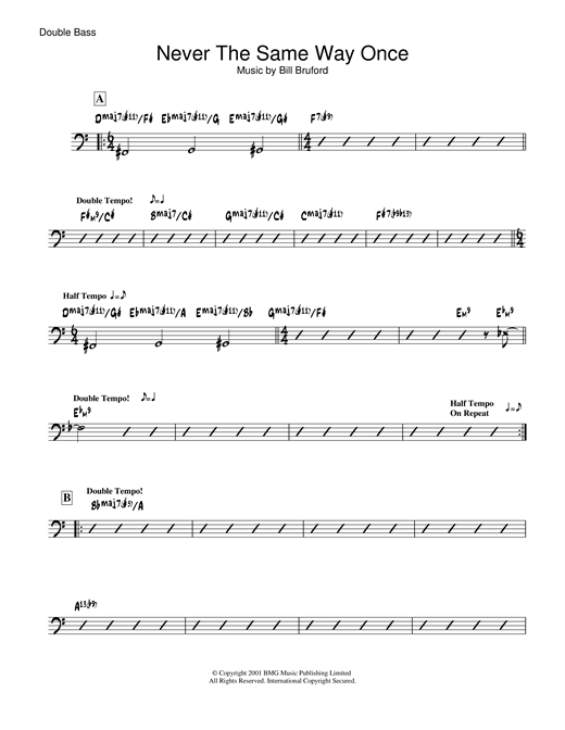 Preview Bill Bruford Never The Same Way Once Rock sheet music, notes and chords for Double Bass, SKU: 19067 sheet music, piano notes, chords, guitar tabs, score, transpose, transcribe, how to play, guide, download, learn, tutorial, progression, song, artist, awards, billboard, mtv, vh1, tour, single, album, release