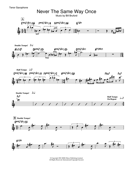 Preview Bill Bruford Never The Same Way Once Rock sheet music, notes and chords for Tenor Saxophone, SKU: 19068 sheet music, piano notes, chords, guitar tabs, score, transpose, transcribe, how to play, guide, download, learn, tutorial, progression, song, artist, awards, billboard, mtv, vh1, tour, single, album, release