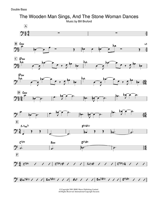 Preview Bill Bruford The Wooden Man Sings And The Stone Woman Dances Rock sheet music, notes and chords for Double Bass, SKU: 19071 sheet music, piano notes, chords, guitar tabs, score, transpose, transcribe, how to play, guide, download, learn, tutorial, progression, song, artist, awards, billboard, mtv, vh1, tour, single, album, release