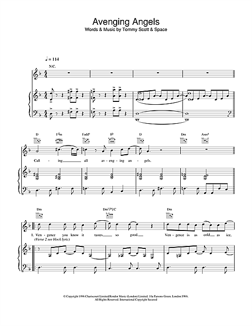 Preview Space Avenging Angels Rock sheet music, notes and chords for Piano, Vocal & Guitar, SKU: 19080 sheet music, piano notes, chords, guitar tabs, score, transpose, transcribe, how to play, guide, download, learn, tutorial, progression, song, artist, awards, billboard, mtv, vh1, tour, single, album, release