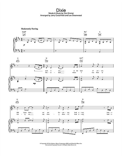 Preview Lee Greenwood Dixie Folk sheet music, notes and chords for Piano, Vocal & Guitar (Right-Hand Melody), SKU: 19082 sheet music, piano notes, chords, guitar tabs, score, transpose, transcribe, how to play, guide, download, learn, tutorial, progression, song, artist, awards, billboard, mtv, vh1, tour, single, album, release