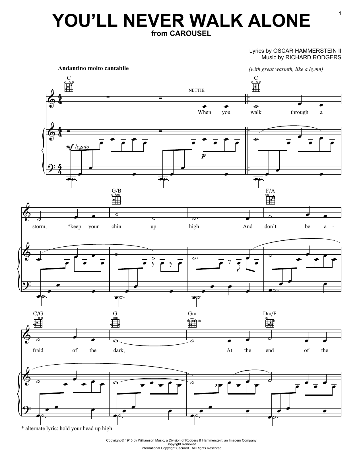Preview Rodgers & Hammerstein You'll Never Walk Alone (from Carousel) Religious sheet music, notes and chords for Piano, Vocal & Guitar (Right-Hand Melody), SKU: 19083 sheet music, piano notes, chords, guitar tabs, score, transpose, transcribe, how to play, guide, download, learn, tutorial, progression, song, artist, awards, billboard, mtv, vh1, tour, single, album, release