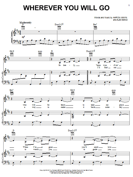 Preview The Calling Wherever You Will Go Pop sheet music, notes and chords for Piano, Vocal & Guitar (Right-Hand Melody), SKU: 19084 sheet music, piano notes, chords, guitar tabs, score, transpose, transcribe, how to play, guide, download, learn, tutorial, progression, song, artist, awards, billboard, mtv, vh1, tour, single, album, release