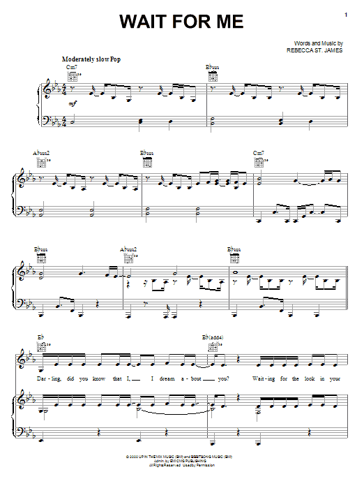 Preview Rebecca St. James Wait For Me Pop sheet music, notes and chords for Piano, Vocal & Guitar (Right-Hand Melody), SKU: 19092 sheet music, piano notes, chords, guitar tabs, score, transpose, transcribe, how to play, guide, download, learn, tutorial, progression, song, artist, awards, billboard, mtv, vh1, tour, single, album, release