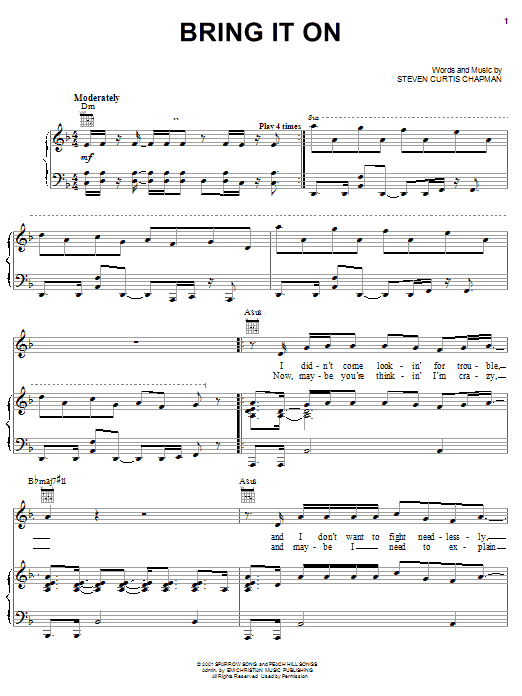 Preview Steven Curtis Chapman Bring It On Pop sheet music, notes and chords for Piano, Vocal & Guitar (Right-Hand Melody), SKU: 19097 sheet music, piano notes, chords, guitar tabs, score, transpose, transcribe, how to play, guide, download, learn, tutorial, progression, song, artist, awards, billboard, mtv, vh1, tour, single, album, release
