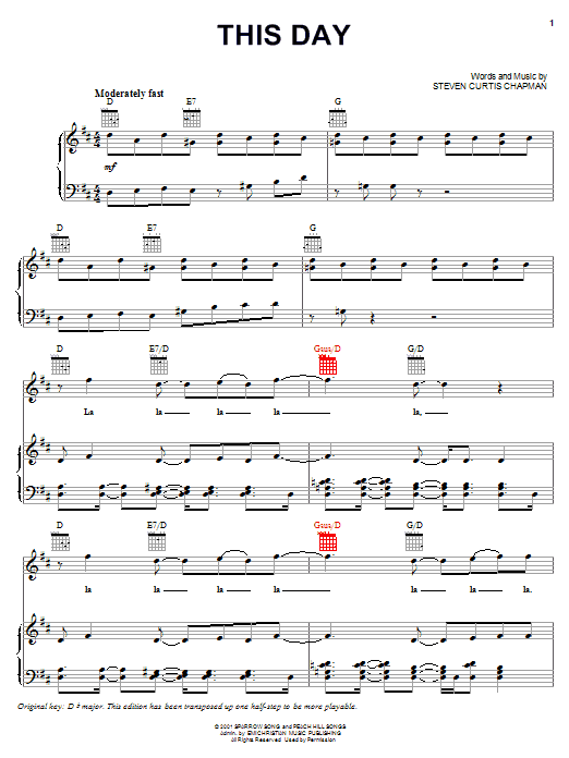 Preview Steven Curtis Chapman This Day Pop sheet music, notes and chords for Piano, Vocal & Guitar (Right-Hand Melody), SKU: 19107 sheet music, piano notes, chords, guitar tabs, score, transpose, transcribe, how to play, guide, download, learn, tutorial, progression, song, artist, awards, billboard, mtv, vh1, tour, single, album, release