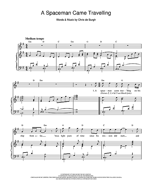 Preview Chris de Burgh A Spaceman Came Travelling Pop sheet music, notes and chords for Piano, Vocal & Guitar, SKU: 19116 sheet music, piano notes, chords, guitar tabs, score, transpose, transcribe, how to play, guide, download, learn, tutorial, progression, song, artist, awards, billboard, mtv, vh1, tour, single, album, release