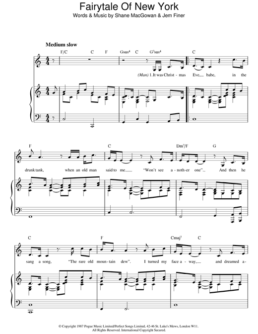 Preview The Pogues & Kirsty MacColl Fairytale Of New York Rock sheet music, notes and chords for Piano, Vocal & Guitar (Right-Hand Melody), SKU: 19118 sheet music, piano notes, chords, guitar tabs, score, transpose, transcribe, how to play, guide, download, learn, tutorial, progression, song, artist, awards, billboard, mtv, vh1, tour, single, album, release
