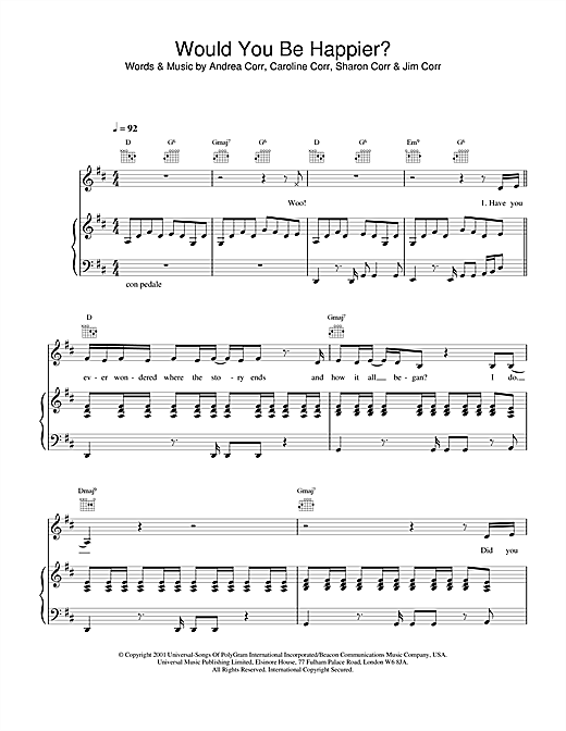 Preview The Corrs Would You Be Happier? Folk sheet music, notes and chords for Piano, Vocal & Guitar, SKU: 19119 sheet music, piano notes, chords, guitar tabs, score, transpose, transcribe, how to play, guide, download, learn, tutorial, progression, song, artist, awards, billboard, mtv, vh1, tour, single, album, release