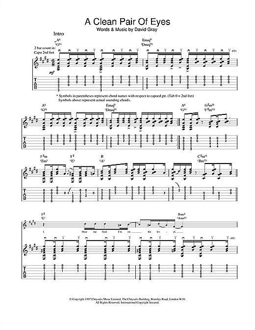Preview David Gray A Clean Pair Of Eyes Rock sheet music, notes and chords for Guitar Tab, SKU: 19120 sheet music, piano notes, chords, guitar tabs, score, transpose, transcribe, how to play, guide, download, learn, tutorial, progression, song, artist, awards, billboard, mtv, vh1, tour, single, album, release