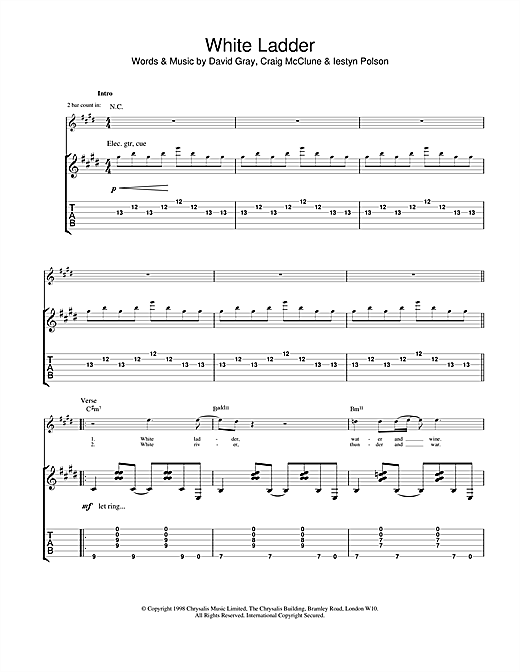 Preview David Gray White Ladder Rock sheet music, notes and chords for Guitar Tab, SKU: 19123 sheet music, piano notes, chords, guitar tabs, score, transpose, transcribe, how to play, guide, download, learn, tutorial, progression, song, artist, awards, billboard, mtv, vh1, tour, single, album, release