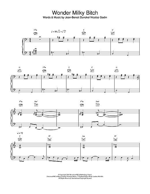 Preview Air Wonder Milky Bitch Pop sheet music, notes and chords for Piano, Vocal & Guitar, SKU: 19125 sheet music, piano notes, chords, guitar tabs, score, transpose, transcribe, how to play, guide, download, learn, tutorial, progression, song, artist, awards, billboard, mtv, vh1, tour, single, album, release