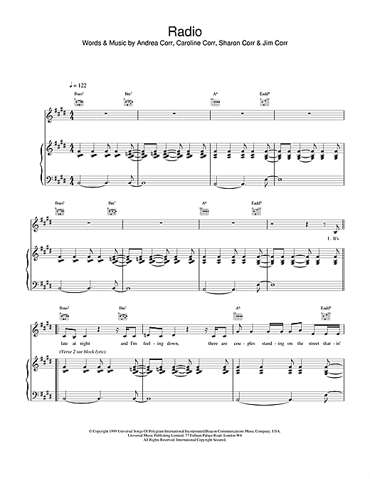 Preview The Corrs Radio Pop sheet music, notes and chords for Piano, Vocal & Guitar, SKU: 19126 sheet music, piano notes, chords, guitar tabs, score, transpose, transcribe, how to play, guide, download, learn, tutorial, progression, song, artist, awards, billboard, mtv, vh1, tour, single, album, release