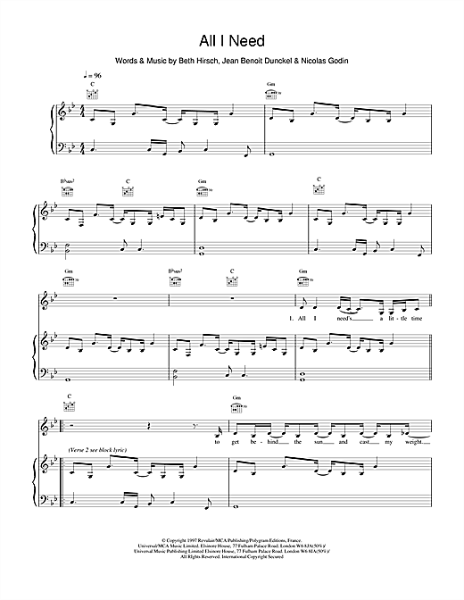Preview Air All I Need Pop sheet music, notes and chords for Piano, Vocal & Guitar, SKU: 19132 sheet music, piano notes, chords, guitar tabs, score, transpose, transcribe, how to play, guide, download, learn, tutorial, progression, song, artist, awards, billboard, mtv, vh1, tour, single, album, release