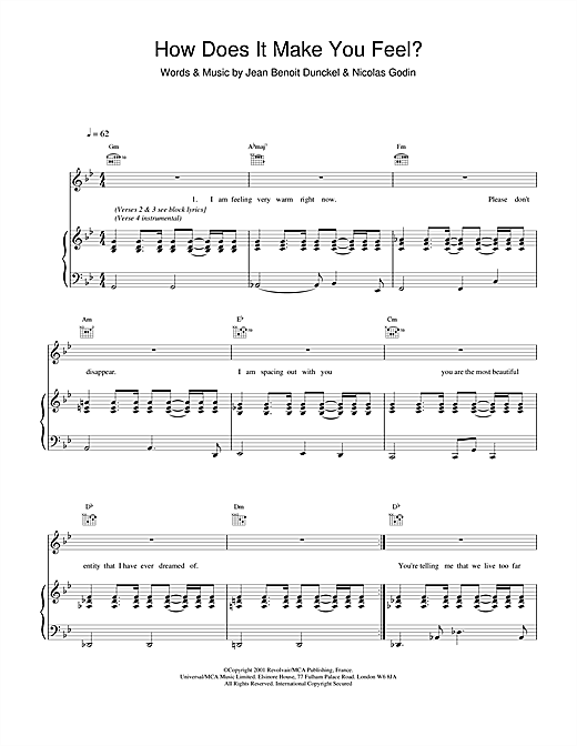 Preview Air How Does It Make You Feel? Pop sheet music, notes and chords for Piano, Vocal & Guitar, SKU: 19133 sheet music, piano notes, chords, guitar tabs, score, transpose, transcribe, how to play, guide, download, learn, tutorial, progression, song, artist, awards, billboard, mtv, vh1, tour, single, album, release