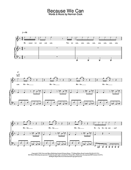 Preview Fatboy Slim Because We Can Pop sheet music, notes and chords for Piano, Vocal & Guitar, SKU: 19135 sheet music, piano notes, chords, guitar tabs, score, transpose, transcribe, how to play, guide, download, learn, tutorial, progression, song, artist, awards, billboard, mtv, vh1, tour, single, album, release